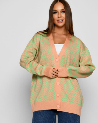 Женский кардиган персикового цвета с рисунком по ткани 52092, Цвет: Персиковий, Размер: ONE SIZE