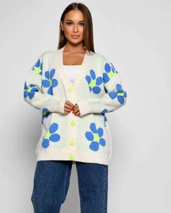 Женский кардиган с цветочным рисунком и смайлом 52101, Цвет: Мята, Размер: ONE SIZE