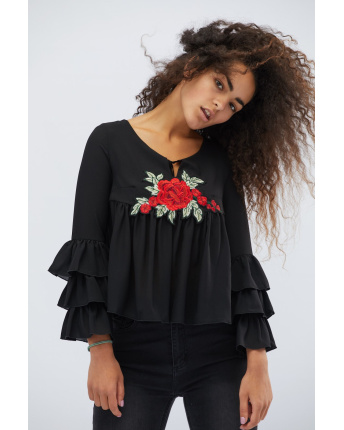 Чёрная блузка с рюшами в этническом стиле 27909, Цвет: Черный, Размер: XS