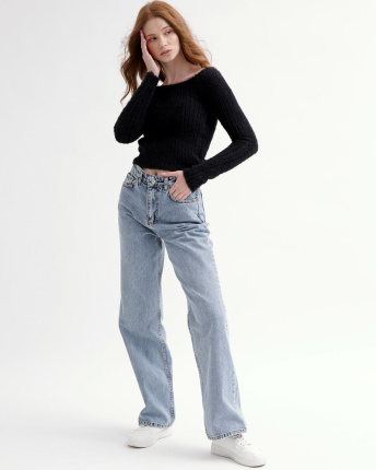 Жіночий в'язаний топ зі спущеним плечем 55767, Колір: Чорний, Розмір: ONE SIZE