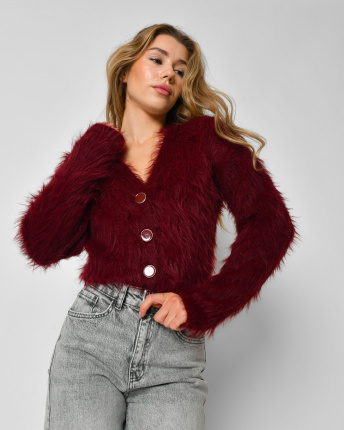 Жіночий бордовий пухнастий кардиган на ґудзиках 57120, Колір: Бордовий, Розмір: ONE SIZE, зображення 4