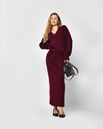 Жіночий бордовий комплект: кардиган і спідниця 57143, Колір: Бордовий, Розмір: ONE SIZE, зображення 6