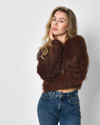 Жіночий коричневий пухнастий кардиган на ґудзиках 57156, Колір: Коричневий, Розмір: ONE SIZE, зображення 5