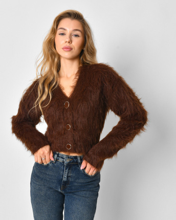 Жіночий коричневий пухнастий кардиган на ґудзиках 57156, Колір: Коричневий, Розмір: ONE SIZE, зображення 6