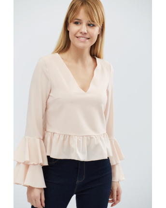 Стильная персиковая блуза с рюшами 27400, Цвет: Персиковий, Размер: XS