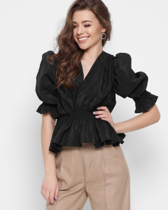 Черная блузка с рюшами 43320, Цвет: Черный, Размер: M