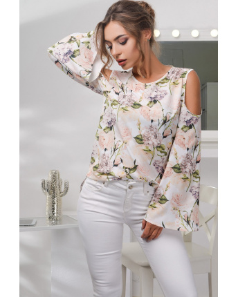 Блузка в цветочек с открытыми плечами 27396, Цвет: Молочний, Размер: XS