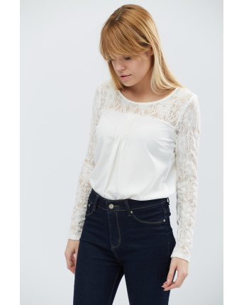Молочная блуза с гипюровыми рукавами 27445, Цвет: Молочний, Размер: XS