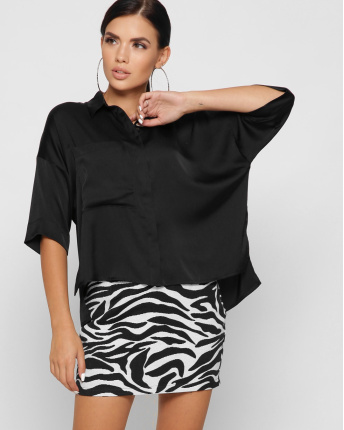 Шелковая черная блузка с карманом 37392, Цвет: Черный, Размер: XS