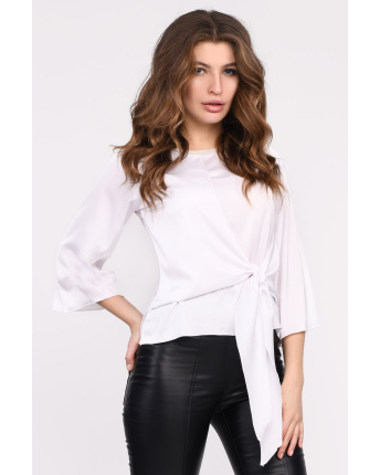 Стильная белая блузка из шелка с завязкой 35058, Цвет: Белый, Размер: XS