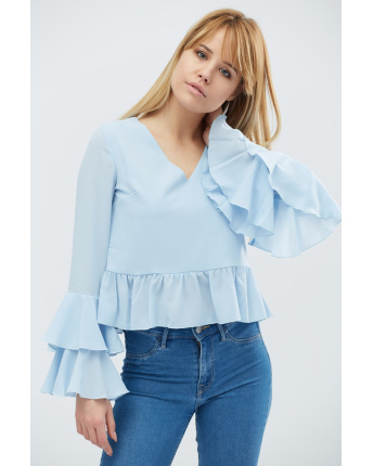 Однотонная голубая блузка с рюшами 27401, Цвет: Голубой, Размер: S