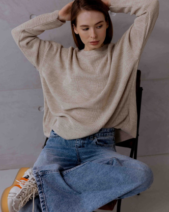 Легкий базовий светр фактурної вʼязки 55762, Колір: Бежевий, Розмір: ONE SIZE