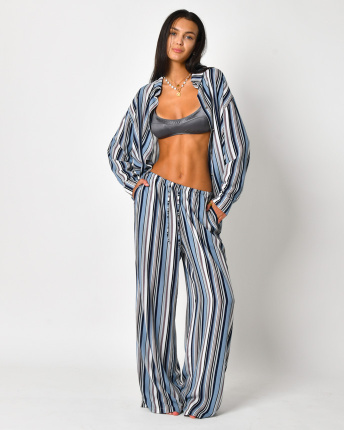 Женский костюм в полоску с рубашкой и брюками 56258, Цвет: Джинс, Размер: XS