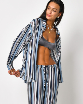 Женский костюм в полоску с рубашкой и брюками 56258, Цвет: Джинс, Размер: XS, изображение 3