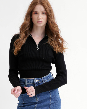 Вʼязаний чорний светр на блискавці 55788, Колір: Чорний, Розмір: ONE SIZE