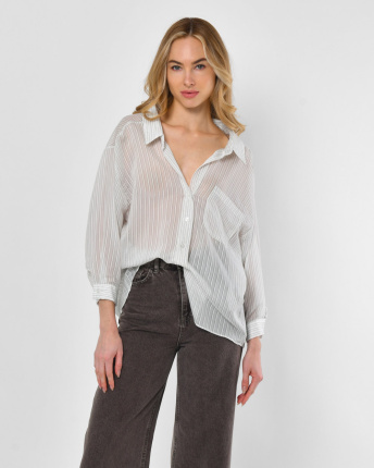 Жіноча тонка біла сорочка-оверсайз у смужку 57135, Колір: Білий, Розмір: ONE SIZE