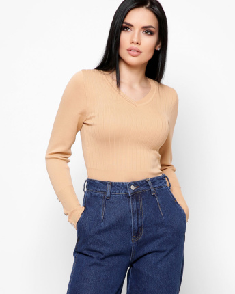 Трикотажний светр із v-подібним вирізом колір пісок 36864, Колір: Кемел, Розмір: ONE SIZE