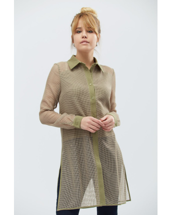 Длинная женская рубашка хаки в сеточку 27413, Цвет: Хаки, Размер: XS