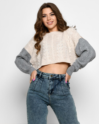 Різнокольоровий короткий светр 51215, Колір: Бежевий, Розмір: ONE SIZE