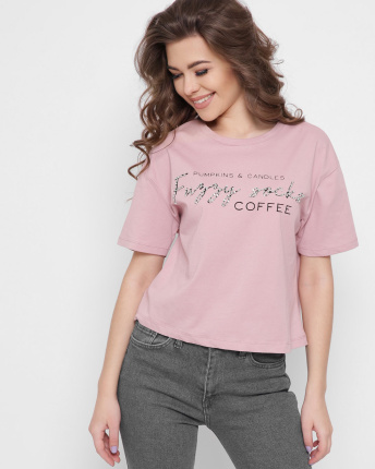 Женская розовая футболка Standart с надписями Coffee 57890, Цвет: Светло-розовый, Размер: S