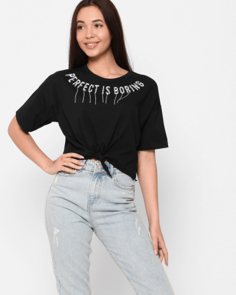 Женская черная футболка Standart на завязке Perfect is boring 57892, Цвет: Черный, Размер: S