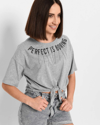 Женская серая футболка Standart на завязке Perfect is boring 57895, Цвет: Серый, Размер: S