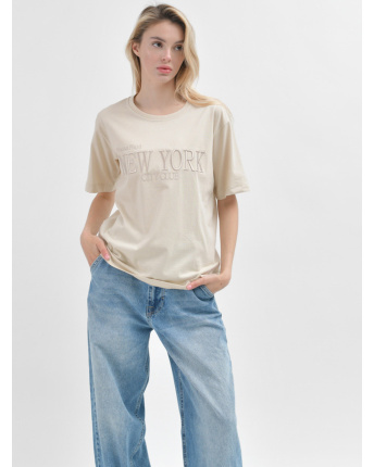 Женская бежевая футболка Standart с вышивкой New York 57921, Цвет: Бежевый, Размер: S