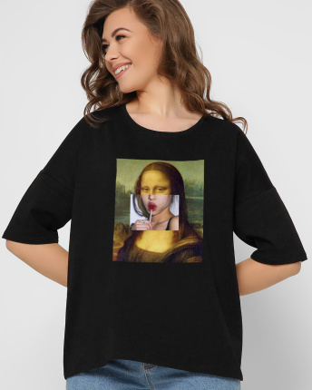 Жіноча футболка Standart oversize з принтом Сучасна Мона Ліза, чорний 57901, Колір: Чорний, Розмір: S