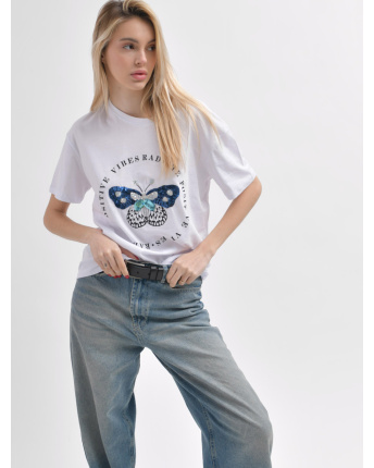 Женская белая футболка Standart оверсайз с принтом бабочки 57928, Цвет: Белый, Размер: S