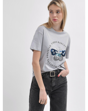 Женская серая футболка Standart оверсайз с принтом бабочки 57929, Цвет: Серый, Размер: S