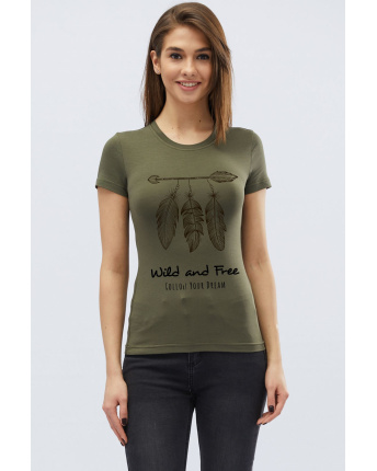 Женская облегающая футболка Standart с принтом 58026, Цвет: Хаки, Размер: M