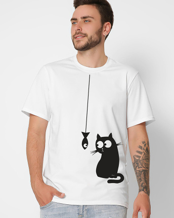 Футболка мужская с принтом  CRC 16036-3 Cat & Fish 56898, Цвет: Белый, Размер: S