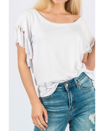 Белая женская футболка оверсайз с бахромой 58033, Цвет: Белый, Размер: XS