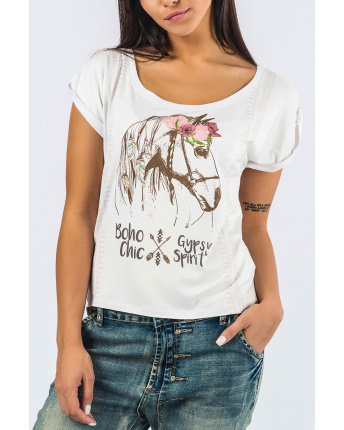 Женская белая футболка с изображением лошади в стиле "бохо" 58031, Цвет: Белый, Размер: M