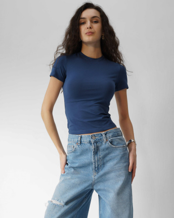 Футболка жіноча приталена Slim Standart CRC FS-261-35 57812, Колір: Джинс, Розмір: XS