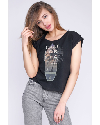 Черная хлопковая футболка с принтом 58042, Цвет: Черный, Размер: XS