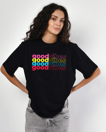 Женская чёрная футболка с принтом Good Vibes 57950, Цвет: Черный, Размер: XS