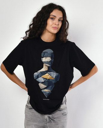 Женская чёрная футболка с принтом Human design 57953, Цвет: Черный, Размер: XS