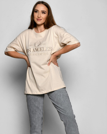 Женская бежевая футболка с вышивкой Los Angeles 57915, Цвет: Бежевый, Размер: L