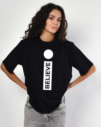 Женская чёрная футболка с принтом Believe 57954, Цвет: Черный, Размер: XS