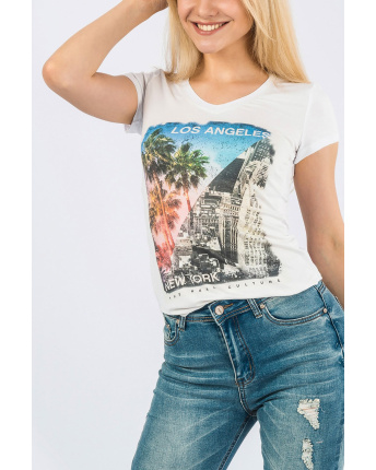 Белая женская футболка с рисунком двух городов "Los Angeles and New York" 58035, Цвет: Белый, Размер: XS