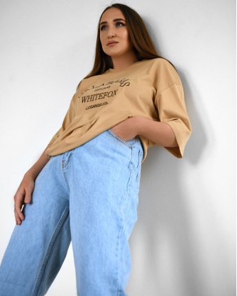 Бежевая женская футболка Standart с вышивкой Calabasas 57926, Цвет: Бежевый, Размер: M