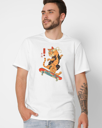 Футболка мужская с принтом  CRC 16038-3 Cat Skate 57054, Цвет: Белый, Размер: S