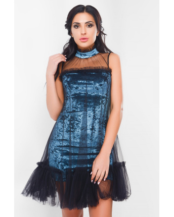 Святкова велюрова сукня з чокером 29077, Колір: Морська хвиля, Розмір: XS