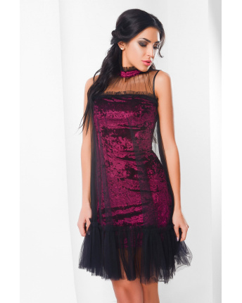 Праздничное велюровое платье марсала с чокером 29078, Цвет: Бургунди, Размер: XS