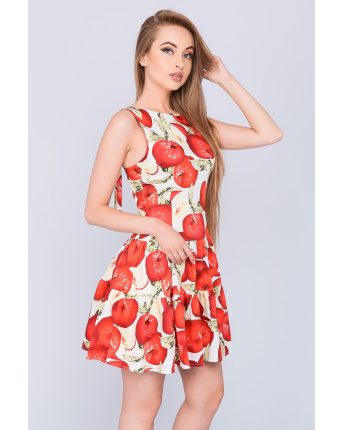 Летнее платье беби долл с принтом яблок 27163, Цвет: Красный, Размер: XS