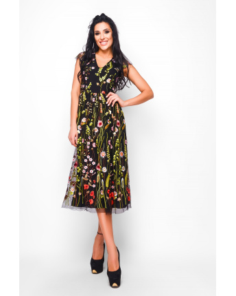 Чорна сукня з різнокольоровою квітковою вишивкою 29144, Колір: Чорний, Розмір: S