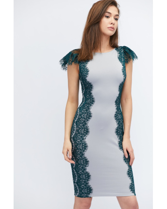 Облегающее платье миди с гипюром 32801, Цвет: Смарагдовий, Размер: XS