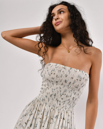 Сарафан без бретелей із штапелю з квітковим принтом 56182, Колір: Молочний, Розмір: XS-S