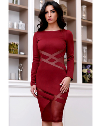 Міді сукня марсала з прозорими вставками 29123, Колір: Бургунді, Розмір: M